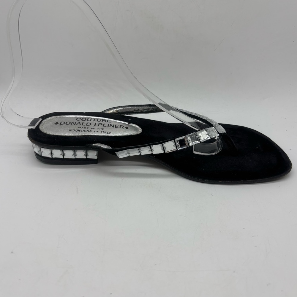 Donald J. Pliner Black Satin Thong Sandals with Clear Crystal Accents